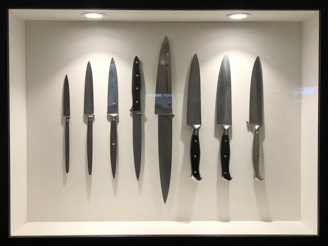 锻打成型壁挂装饰刀搭配玻璃展柜，打造高质感家居美学