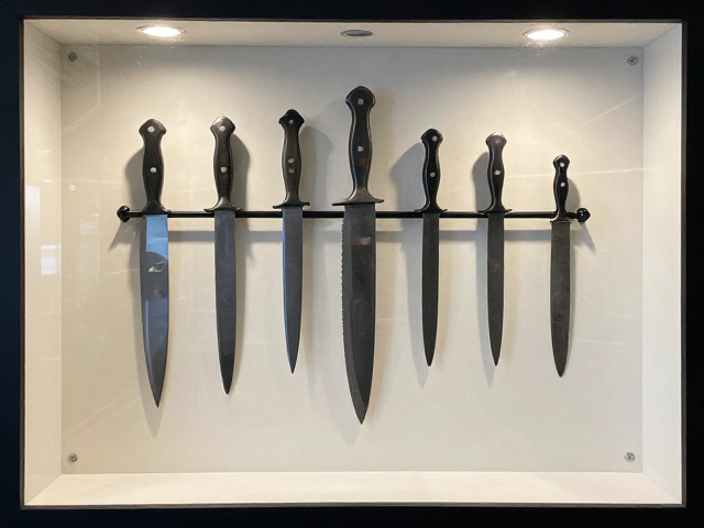 锻打成型壁挂装饰刀搭配玻璃展柜，打造高质感家居美学
