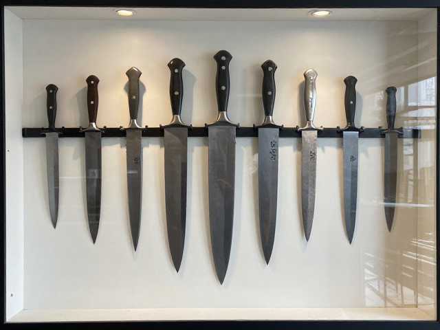锻打成型壁挂装饰刀搭配玻璃展柜，打造高质感家居美学