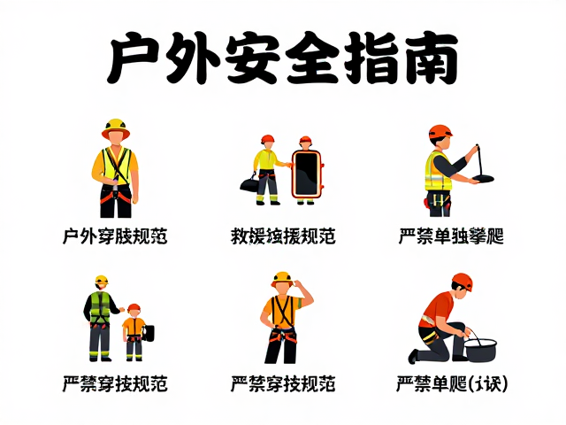 户外安全指南，装备穿戴规范与救援技能培训，严禁单独攀爬