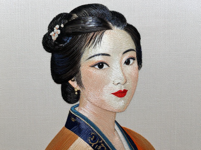 湘绣掺针技法勾勒人物肖像，尽显沉稳典雅之美