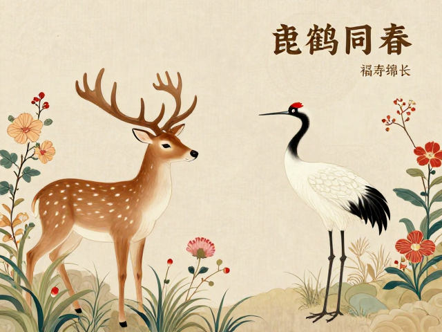 鹿鹤同春寓意解析,草木花卉间的福寿绵长象征