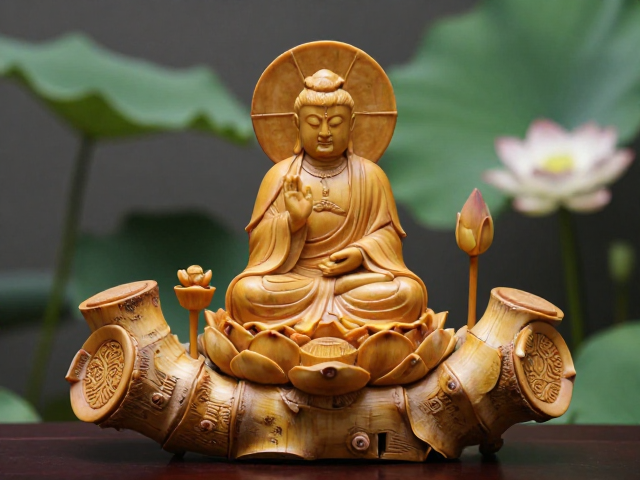 竹根雕摆件,荷塘意境与宗教民俗的东方禅意美学