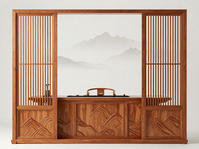 花梨木茶空间隔断,山水云纹新中式意境,打造高颜值茶室