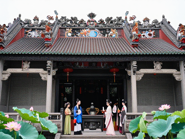 文人仕女荷花清雅,祠堂庙宇装饰风水美学解析
