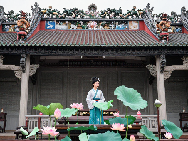 文人仕女荷花清雅,祠堂庙宇装饰风水美学解析