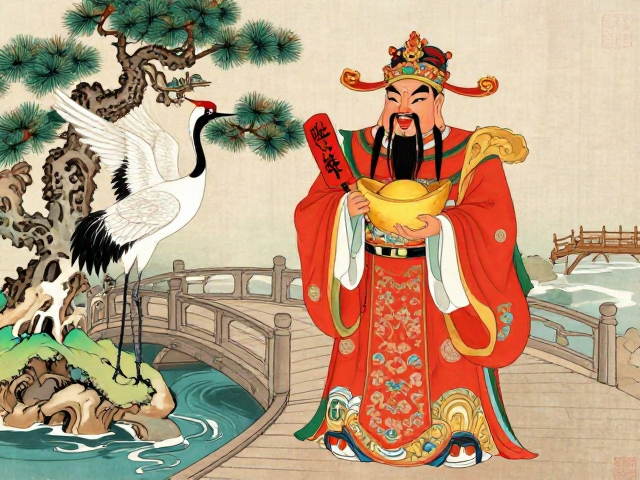 松鹤延年财神图,溪桥古道人气寓意与风水解析