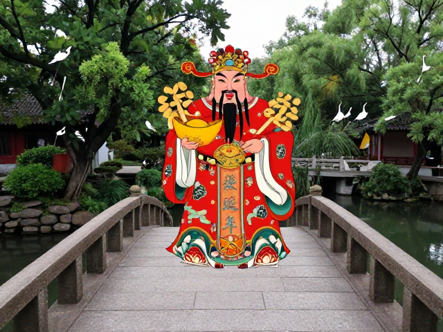松鹤延年财神图,溪桥古道人气寓意与风水解析