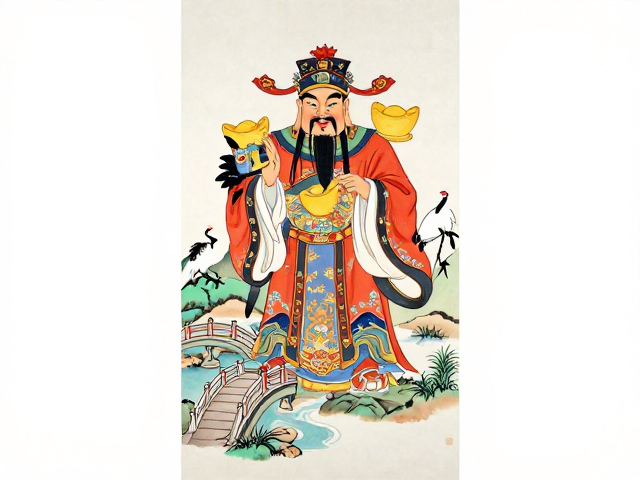 松鹤延年财神图,溪桥古道人气寓意与风水解析
