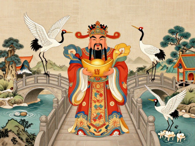 松鹤延年财神图,溪桥古道人气寓意与风水解析