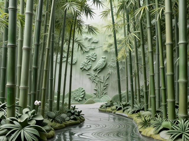 花鸟竹雕意境,竹林小径与水波纹交织的自然美学
