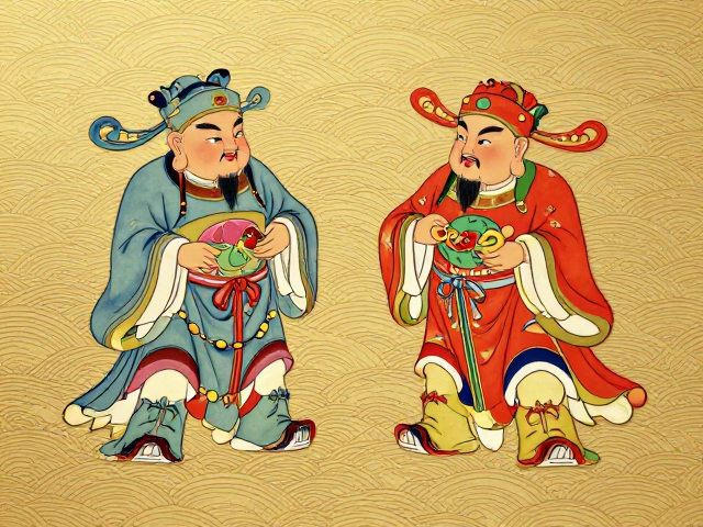 和合二仙水波纹童子图寓意解析,招财纳福的风水奥秘