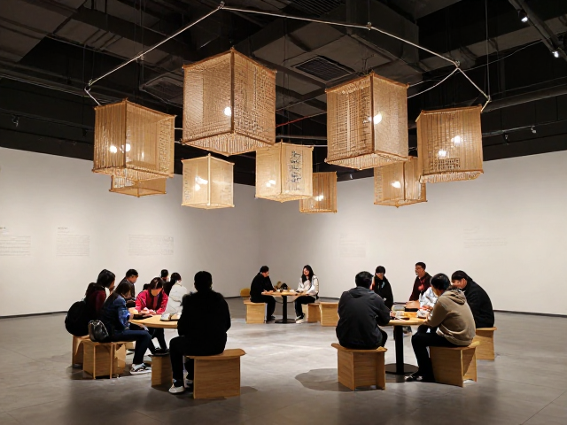 非遗展馆陈列设计,吊装艺术构件与休憩洽谈区的融合美学
