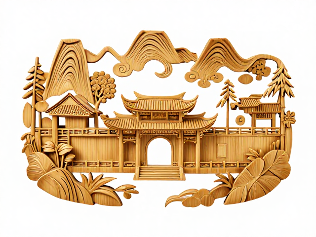 福建竹雕艺术，岭南风格山水楼阁，题材活泼装饰性强