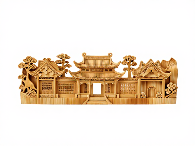 福建竹雕艺术，岭南风格山水楼阁，题材活泼装饰性强