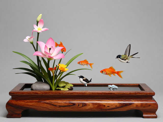 花鸟鱼虫入画,花梨木底座上的场景叙事构图美学