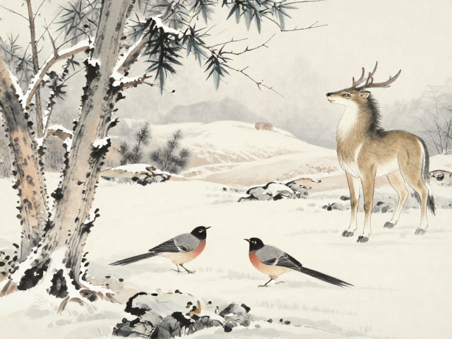 名家手绘寒林雪景,瑞兽祥禽点睛,尽显国风雅韵