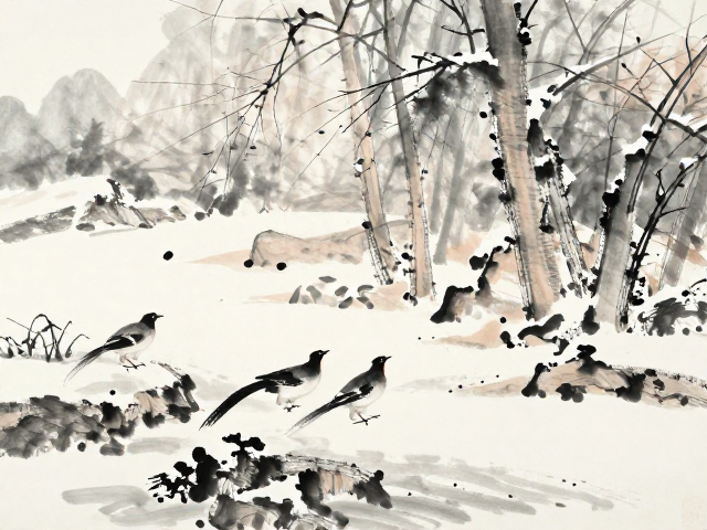 名家手绘寒林雪景,瑞兽祥禽点睛,尽显国风雅韵