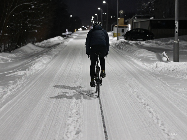 夜间冰雪骑行模拟，积雪路面防滑技巧与视线放远看路