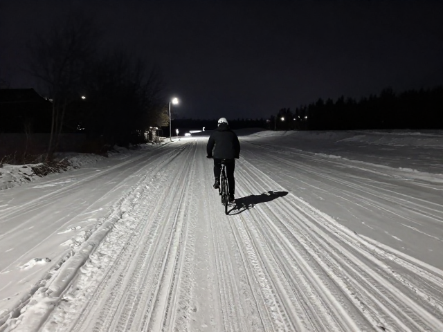 夜间冰雪骑行模拟，积雪路面防滑技巧与视线放远看路
