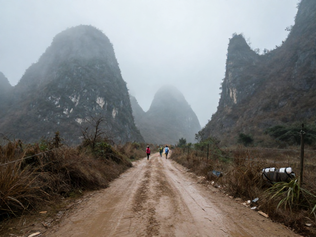 喀斯特地貌线迷雾穿行，泥泞湿滑土路徒步攻略与安全指南