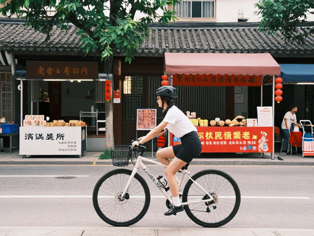 女生平缓骑行打卡，路边小吃与民俗活动的治愈之旅