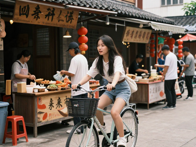 女生平缓骑行打卡,路边小吃与民俗活动的治愈之旅