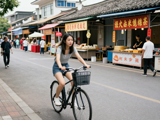 女生平缓骑行打卡,路边小吃与民俗活动的治愈之旅