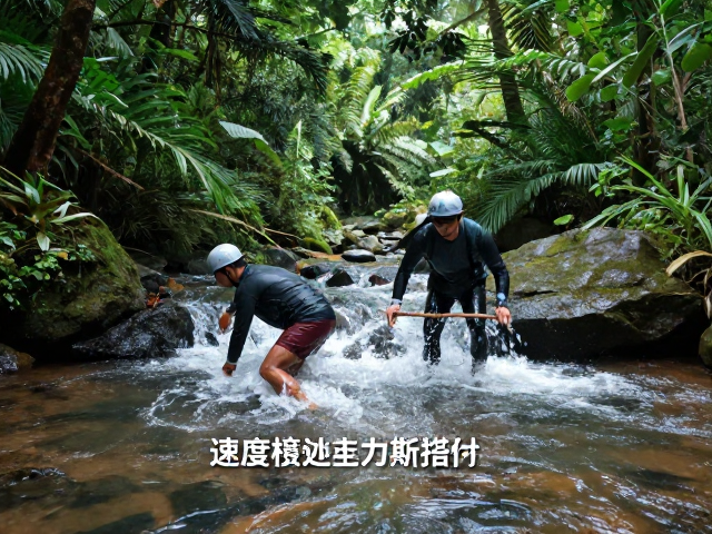 雨林穿越溪流，浅水过河技巧与水流速度冲击力判断指南