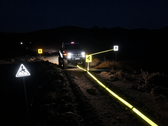 夜间越野高难度地形操控,利用反光标识与荧光条实现视觉补偿预判