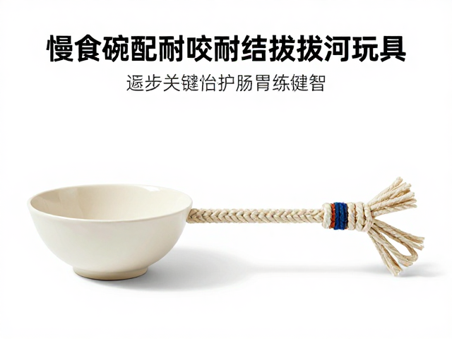 慢食碗配耐咬绳结拔河玩具，逐步增加挑战护肠胃练智