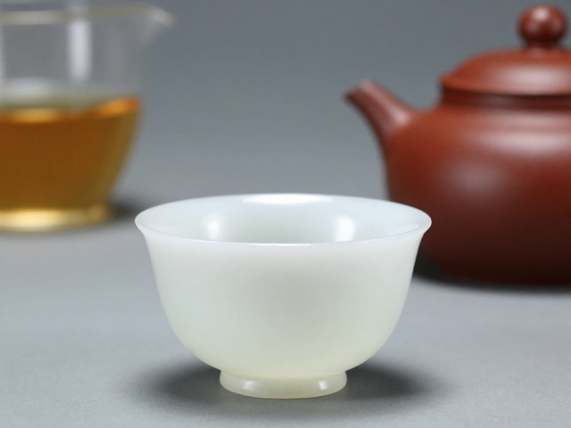 和田玉白玉品茗杯釉色温润，搭配明代紫砂壶尽显雅致古韵