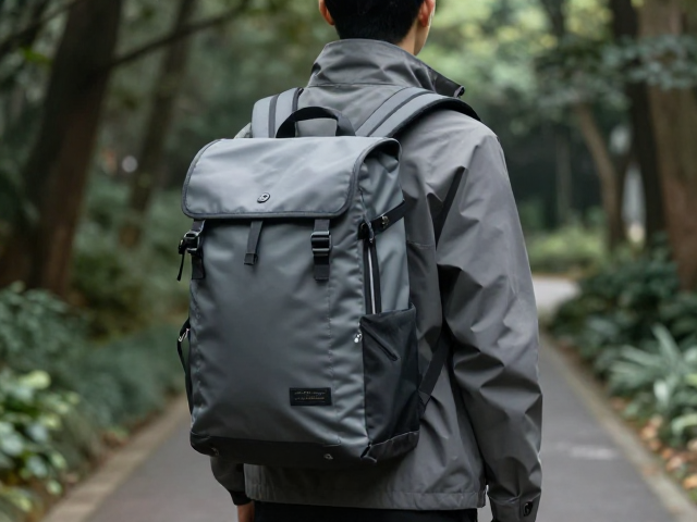 灰色通勤短途林间背负包,防水涂层加持,都市与自然的无缝切换