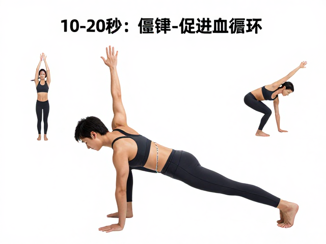 运动前每个动作10-20秒，预防僵硬促进血液循环