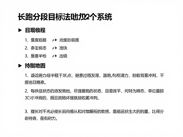 长跑分段目标法，避免前半程过快，保持状态持续冲刺
