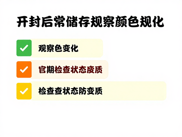 开封后常温储存规范,观察颜色变化,定期检查状态防变质