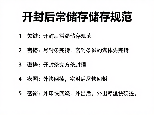 开封后常温储存规范,密封条完好,外出后尽快回封