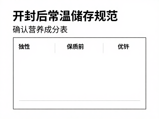 开封后常温储存规范，确认营养成分表，优先在保质期内食用