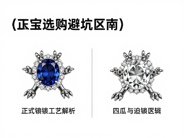 四爪与迫镶区别,正式镶嵌工艺解析,珠宝选购避坑指南