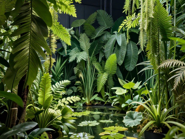 树叶与水生植物创意展览,沉浸式自然美学陈列设计灵感