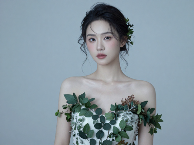 冷调植物感婚礼礼服,树叶元素打造高级清冷新娘造型