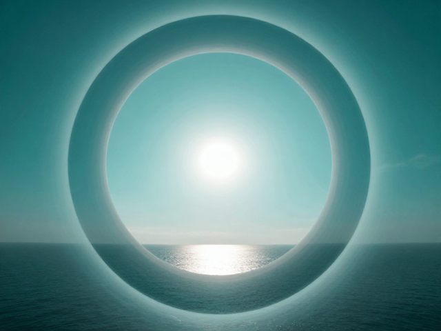 太阳映照海天青绿，层叠环形结构揭秘自然光影美学