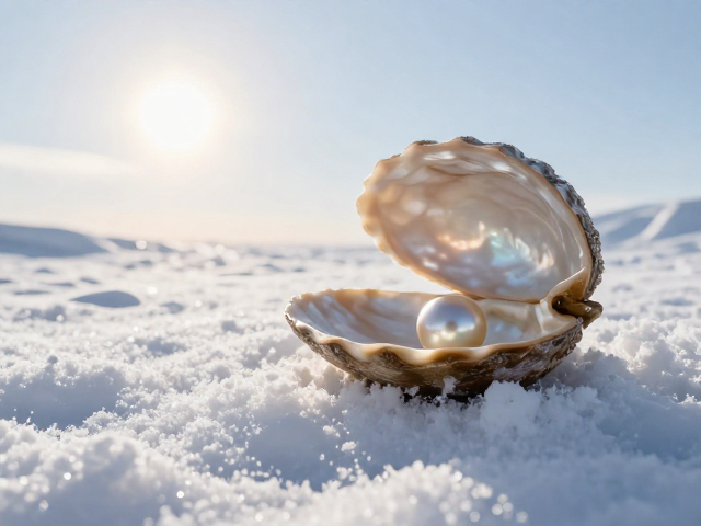 冬季雪景中的太阳与珍珠母贝，光影交织的绝美画卷