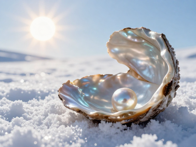 冬季雪景中的太阳与珍珠母贝,光影交织的绝美画卷