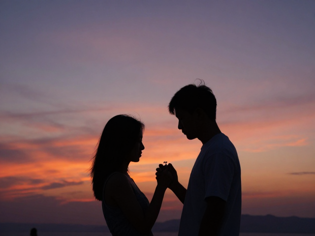 夕阳下的浪漫邂逅，黄昏霞光中佩戴戒指的唯美意境