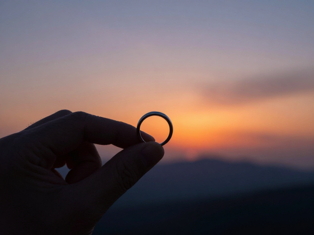 夕阳下的浪漫邂逅,黄昏霞光中佩戴戒指的唯美意境
