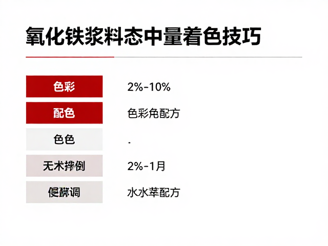 氧化铁浆料态中量着色(2%-10%)应用指南,色浆配方与调色技巧