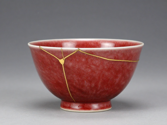 金缮工艺修复釉里红古朴瓷器，定制独特发色显高级