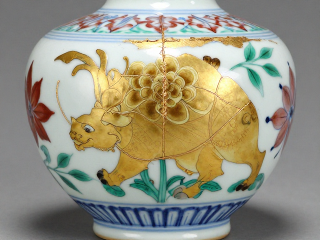 金缮修复斗彩瓷器，刻划花立体感极强，重现古韵之美