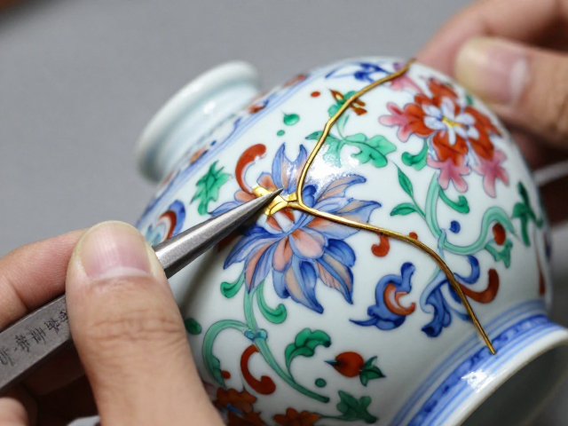 金缮修复斗彩瓷器，刻划花立体感极强，重现古韵之美